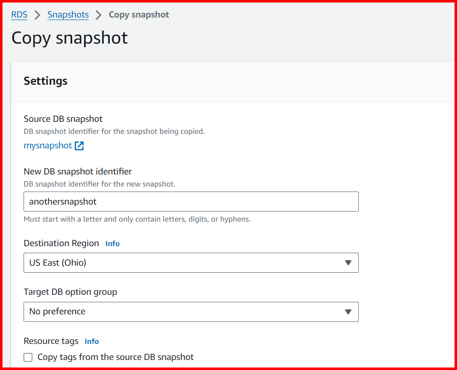 Picture showing the Copy snapshot screen for creating the copy of a snapshot